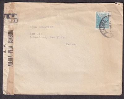 Brazil 1945 WWII censor cover I Zolko Sao Paulo to Knox Gelatine Johnstown NY - Image 1 of 2