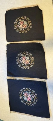 Finished Needlepoint Floral Bouquet Black Pillow Chair Cover Set of 3  VTG - Image 1 of 4