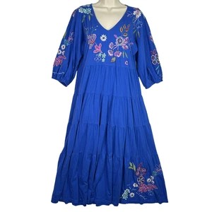 Johnny Was Kleid Damen Petite Small Blau Bestickt Blumen Boho Stufen Midi - Bild 1 von 15