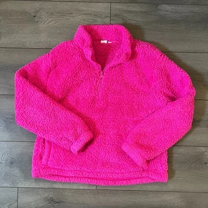 GAP Hot Pink Sherpa Pullover Mock Neck Quarter Zip Top Size Medium - Picture 1 of 6