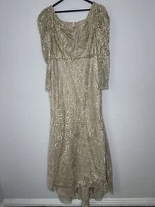 Vestido Mac Duggal Dorado Paisley Lentejuelas Manga Tres Cuartos Línea A Talla 14 - Imagen 1 de 9