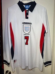England 1998 World Cup Home Jersey, Beckham #7, Long Sleeve - Picture 1 of 2