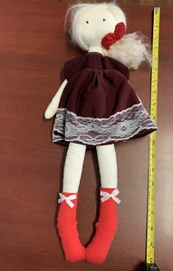 Cloth Rag Doll Handmade Blonde Girl Ballerina Beautiful Red Flowers Wool Hair - Picture 1 of 9