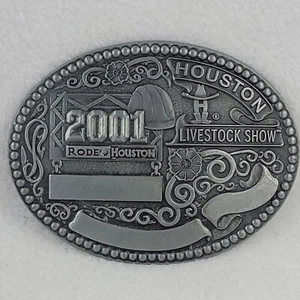 Houston Rodeo Livestock Show Western Cowboy 2001 hebilla de cinturón ovalada de metal plateado - Imagen 1 de 7