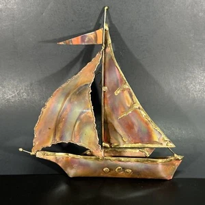 Nautical Sailboat Metal Wall Art Copper Brutalist MCM 8" Tall Sailing Ship - Picture 1 of 6