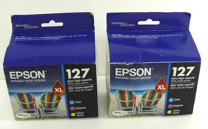 2 paks Genuine Epson 127XL Color Ink Cartridges Cyan Magenta Yellow Expired 2017 - Picture 1 of 6