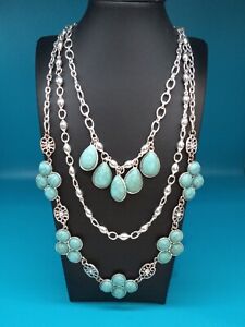 Premier Designs Multi-layer 3 in one Necklace Faux Sonoran Turquoise Cabochons