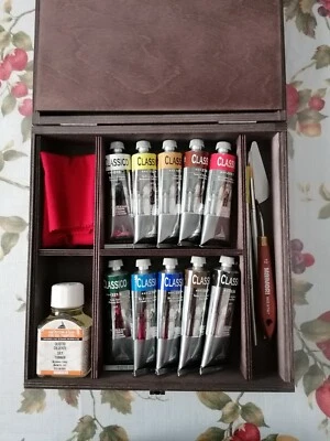 Colori a olio Maimeri valigetta in legno 10 tubetti 60ml pennelli tavolozza set - Immagine 1 di 4