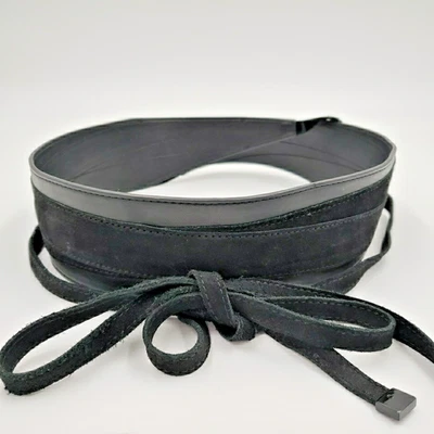 Cinturón envolvente de cuero gamuza vintage para mujer corbata OBI negro tono sobre tono años 80 OS Foto 1 de 4