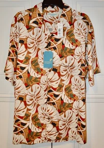 Caribbean Silk Blend Short Sleeve Button Up Hawaiian Shirt Cream & Tan Size Lrg - Picture 1 of 8