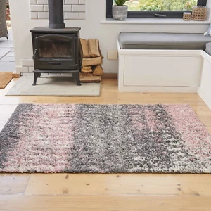 Pink & Grey Ombre Shaggy Rug Deep 3cm Shag Mat Non Shed Blush Living Room Rugs - Picture 1 of 8