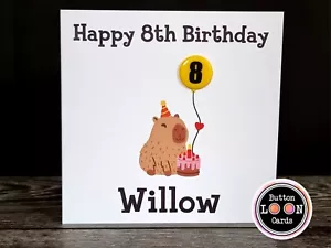 Handmade & Personalised Button Card - Capybara Happy Birthday or Any Text - Picture 1 of 2
