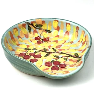 Hand Made Colorful Cherry Pottery Spoon Rest Signed 5" - Picture 1 of 10