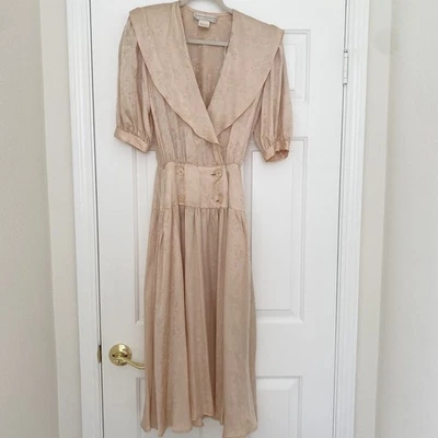 Vtg Jessica McClintock Silk Midi Dress 6 USA Peach Pink Pastel Jacquard Lapel   - Image 1 of 4
