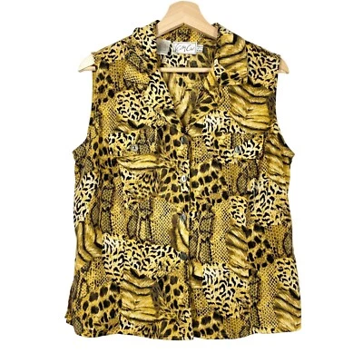 Kathy Che Women's Leopard Print Sleeveless Blouse Orange Black Size 12 Vintage - Image 1 of 4