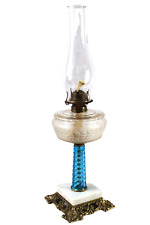 Antique Oil Lamp Blue Glass Twist Column, Embossed Font, Marble & Metal Base
