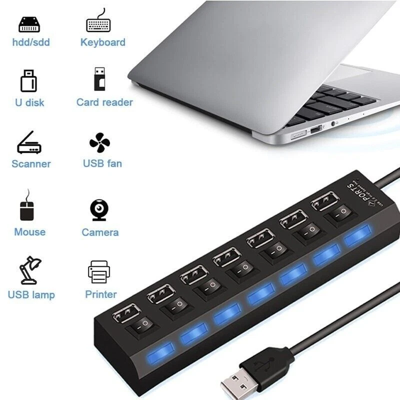 USB 3.0 Hub 7 Port On/Off Switch High Speed Splitter AC Adapter Cable PC Laptop - Image 1 of 4