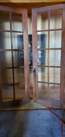French Doors ea.door measures 30 x 86 1/2"  ($1050 for the pair hrdwr. included) Cover