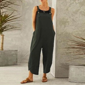 Women's Cotton Casual Overalls Cropped Jumpsuit Mid Waist Loose Fit Multi-Color - Picture 1 of 20