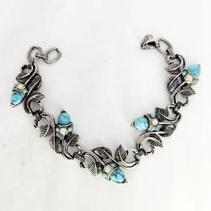 Vtg Floral Leaf Leaves Silver Tone Faux Pearl Turquoise Southwest Link Bracelet - Picture 1 of 7