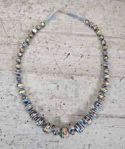 Vintage Handmade Ceramic and Art Glass Bead Beaded Necklace w/ Sterling Clasp - Picture 1 of 7