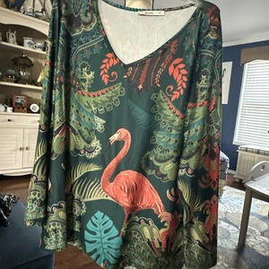 SAKURAFINA talla grande TOP TALLA 1XL Tropical Flamenco Estampado Cuello en V Mangas Largas - Imagen 1 de 5