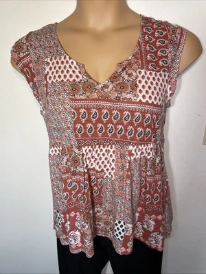Lucky Brand blouse top sleeveless rust paisley patchwork knit size M - Image 1 of 4