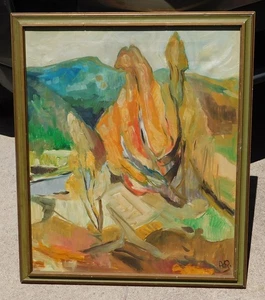 Vintage MODERNIST OIL PAINTING LANDSCAPE, SIGNED MYSTERY ARTIST - Picture 1 of 4
