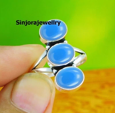 Anello con pietre preziose di calcedonio in argento sterling 925 fatto a... - Immagine 1 di 4