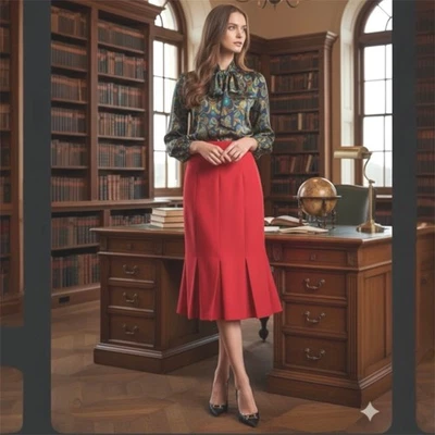 De Colección Escada 100% Nueva Lana Roja Trompeta Panel Falda Godet Acampanada Ropa de Trabajo Pequeña 4/6 Foto 1 de 4