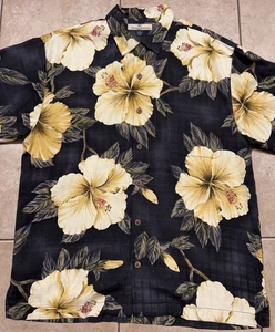 Tommy Bahama Shirt Mens Medium 100% Silk Camp Tropical Black Floral Print Beach - Picture 1 of 5