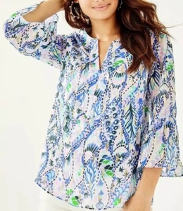 NWT- $178 LILLY PULITZER ELENORA SILK BLOUSE TAILS OF THE SEA METALLICS Size XXS - Picture 1 of 5