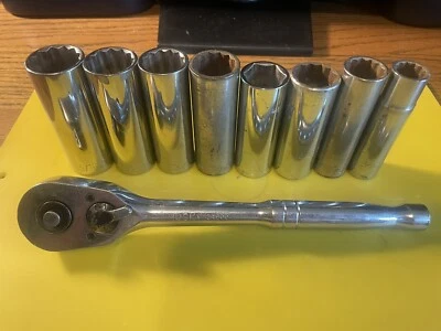HUSKY 1/2” RATCHET #24800+ 8 PIECE 1/2” DRIVE DEEP SOCKETS USED 9/16-15/16 L-98 - Image 1 of 4