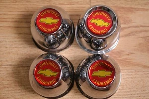 4x Vintage Chevy Center Caps Classic Car Chevrolet  - Red Yellow Chrome -pl READ - Picture 1 of 6