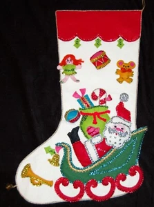 Vintage Santa in Sleigh Toys Felt Christmas Stocking Sequins Bucilla? #09 - Picture 1 of 5