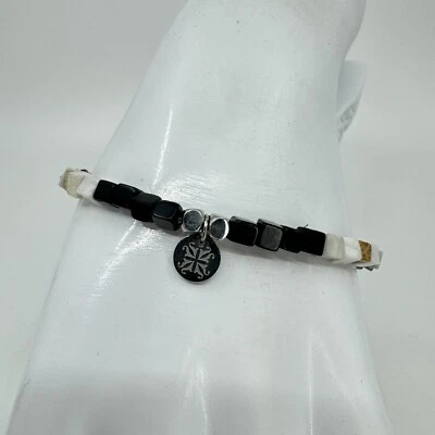 Rustic Cuff Semi-Precious Gemstone Bracelet Black, Gray, Gold Stone Logo Charm - Image 1 of 4