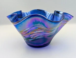Glass Eye Studio Wave Bowl Blue Drag Swirl Iridescence 9.5"x5" - Picture 1 of 4