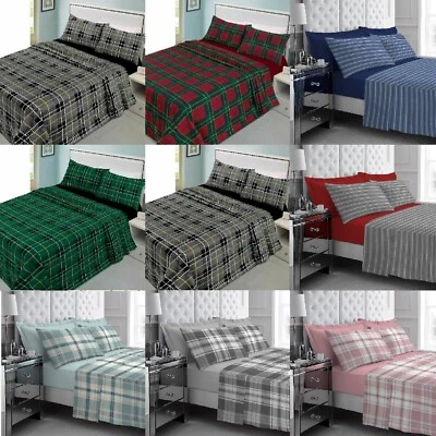 100% Brushed Cotton Check Thermal Flannelette Sheet Set Fitted Flat Pillowcase - Image 1 of 4