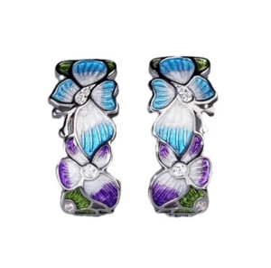 Purple Blue Enamel Zircon Floral Design Huggie Earrings Silver Tone - Picture 1 of 3
