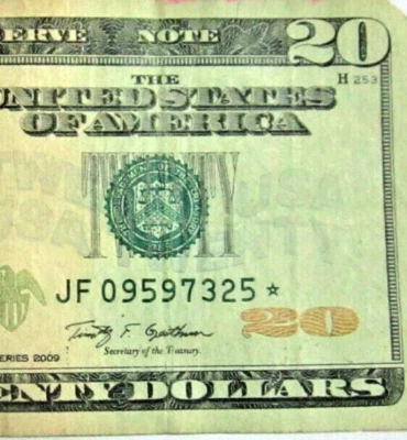 2009 $20 Dollar Bill *Star* U.S Federal Reserve Note* 336 * - Image 1 of 3