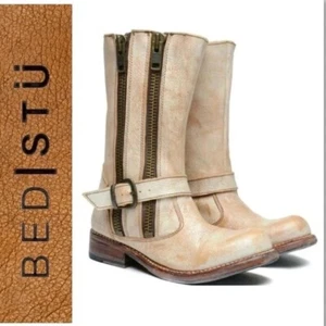 BED STU Hustle NEW Harness Double Zip Leather Moto Boots 8M Distressed White - Picture 1 of 9