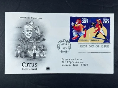 US FDC 1993 Circus Bicentennial Clown & Big Top Showman 29¢ Se-Tenant Pair a922 - Image 1 of 2