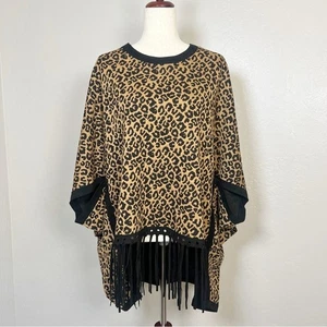 TYLER BOE Women's Size XS/S Cheetah Print Fergie Jacquard Poncho Black Fringe - Picture 1 of 12