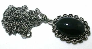 Vintage 25x18 Oval Black Onyx Cabochon Cab  Antique Silver Pendant 24 Inch Chain - Picture 1 of 2