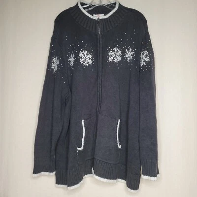 Quacker Factory Sz 3X Snowflake Cardigan Black Full Zip Pockets Vintage EUC  - Image 1 of 4