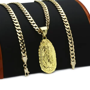 18k Gold Plated Guadalupe Hip-Hop Pendant 6mm 24" Cuban Chain Necklace - Picture 1 of 7