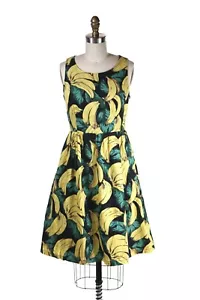 SAMPLE SALE S FROCK SHOP Sleeveless Black Banana & Leaf Pleat Dress with Pockets - Picture 1 of 7