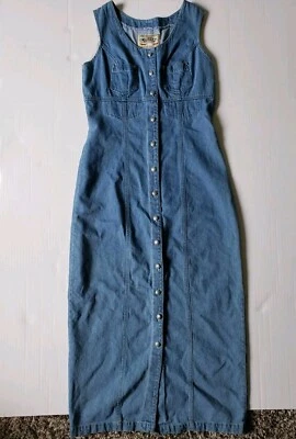 TICKETS Vtg Denim Dress 90s Sleeveless Cotton Button Up Front Maxi Women’s Sz 7 - Image 1 of 4