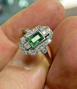 Art Deco 1.85Ct Simulated Diamond Emerald Engagement 925 White Gold Plated Ring - Picture 1 of 4