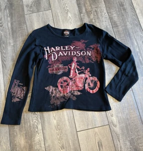 Harley Davidson camicia nera manica lunga con flapper Bling ragazza donna taglia medi - Foto 1 di 7